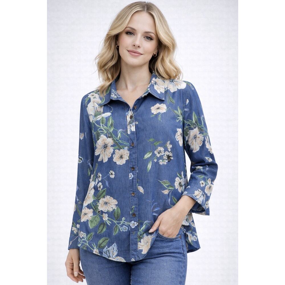 Women’s Chambray Floral Button Down Shirt Large Blue Cotton Rayon Lightweight